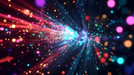Colored optical fiber, background image, technology concept of data transfer and communication. 