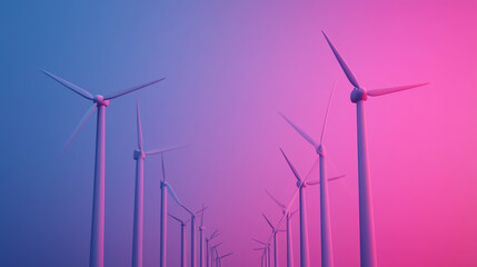 Colorful wind turbines on a serene horizon, showcasing renewable energy in a vibrant landscape, ideal for promoting sustainability and green energy.