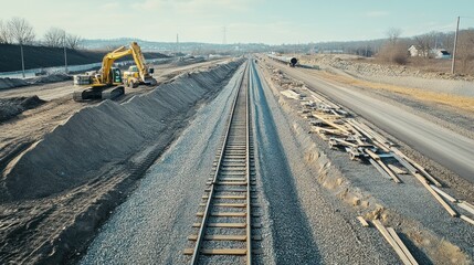 Poster - Railroad construction with tracks being laid over a flat landscape, surrounded by piles of gravel and heavy equipment.