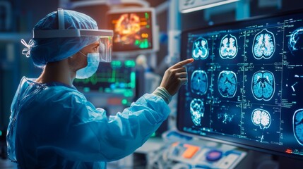 A medical professional using a holographic display to simulate surgical outcomes with patient scans