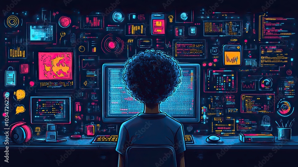 doodle styleof coding tutor concept featuring person in front of ...