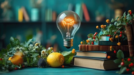 Wall Mural - education and knowledge showcasing bright light bulb symbolizing innovative ideas surrounded by books and educational materials that represent learning study and the pursuit of self development