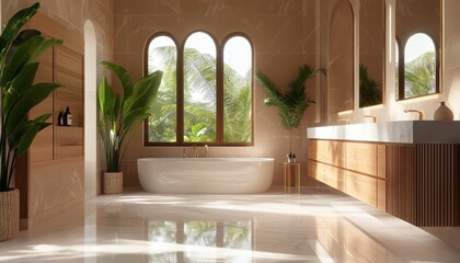 Modern bathroom with a white bathtub, wooden vanity, and large windows overlooking a tropical garden.