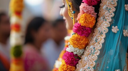 A colorful flower garland worn by a bride on her wedding day, beautifully complementing her traditional attire, surrounded by joyful family members