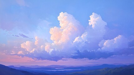 A painting of a large white cloud in a pale blue sky, with layers of purple mountains in the distance.