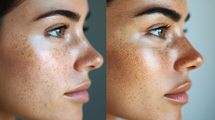 Detailed side-by-side images of a patient's skin, showing reduction in melasma pigmentation after treatment, smooth skin texture, High-Resolution, Soft Focus