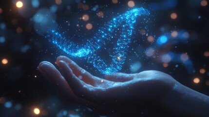 DNA holoscan floating above a researcher's hand, with intricate gene data highlighted in blue light