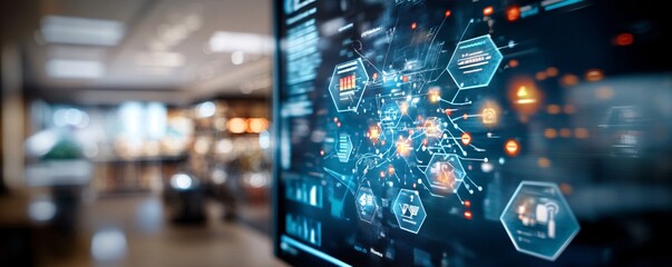 Futuristic Interface Display with Digital Data and Network Connections