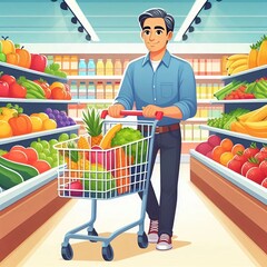 man with cart in supermarket