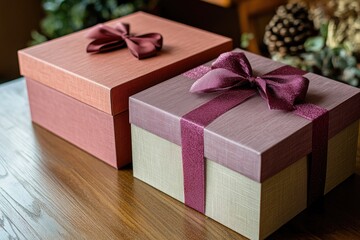 Canvas Print - Two Gift Boxes with Burgundy Bows on Wooden Surface