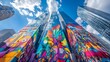 © Alpha - Towering glass skyscrapers reflect the blue sky while colorful graffiti sprawls across their foundations, symbolizing the clash and harmony of two worlds