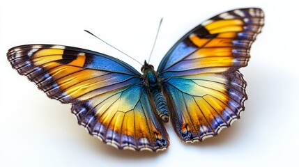 Close-up of a vibrant butterfly with delicate wings, isolated on white, surrounded by soft yellow hues. Colorful design elements emphasize beauty and fragility