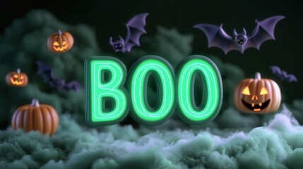 Canvas Print - Boo Halloween Neon Sign With Pumpkins and Bats.