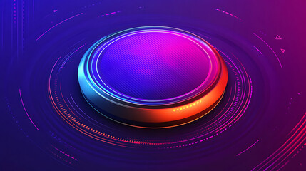 vibrant digital button design featuring glowing neon colors and circular patterns, creating futuristic and innovative look. interplay of purple, blue, and orange hues adds dynamic feel to