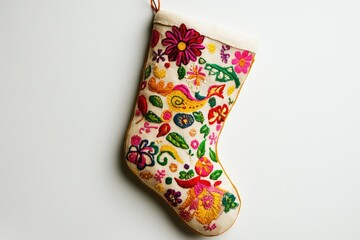 Wall Mural - A White Christmas Stocking Decorated with Colorful Floral Embroidery