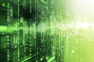 abstract green digital background with glowing lines and particles.