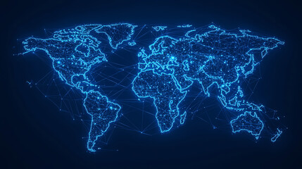world map in glowing blue lines on dark background