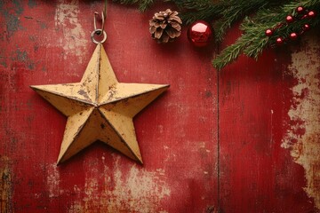 Poster - Rustic Red Wooden Background with a Yellow Star and Christmas Decorations