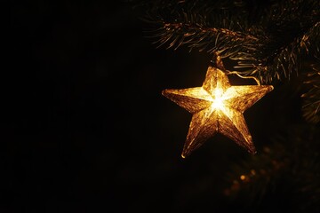 Sticker - A Glowing Gold Star Ornament Hanging from a Christmas Tree Branch