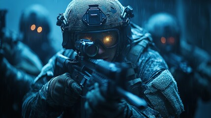 A group of soldiers, equipped with tactical gear and illuminated goggles, stealthily navigates a dark, rain-soaked setting on a military mission.