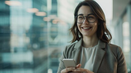 Successful businesswoman engaging in important phone conversation while standing in contemporary downtown office space showcasing professional confidence against urban cityscape backdrop