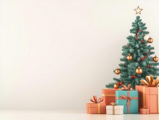 Organic Christmas tree surrounded by gifts wrapped in eco-friendly paper, sustainable festive setting, 3D illustration