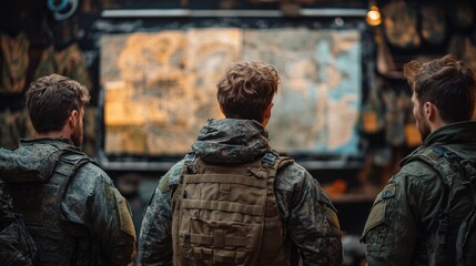 Aufkleber - A group of soldiers stands in a dimly lit operations center, closely examining a large tactical map displayed on the wall, strategizing for their mission.