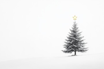 Wall Mural - A lone, snow-covered evergreen tree with a glowing star atop in a white, snowy landscape.