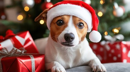 Cute dog in a Santa hat with Christmas gifts and a festive background.