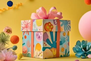 Wall Mural - A Colorful Gift Box with a Pink Bow Surrounded by Paper Flowers and Balls on a Yellow Background