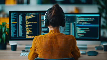 Woman coding on computer, back view, focus.
