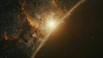a brilliant star emits warm light, casting a golden glow across the vast, dark expanse of space fill