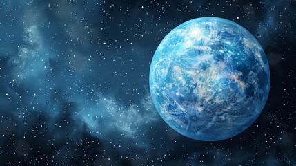 Wall Mural - A stunning blue planet glows brightly against a backdrop of countless stars in a vast galaxy. Wisps of cosmic clouds create a mystical atmosphere in the depths of space. Copy space