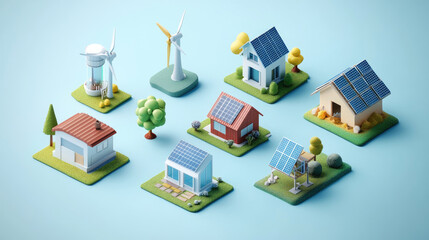 Wind turbines and solar energy, models, icon sets