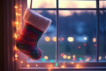 Poster - A Festive Stocking Hung by the Window with String Lights and Blurry City Lights