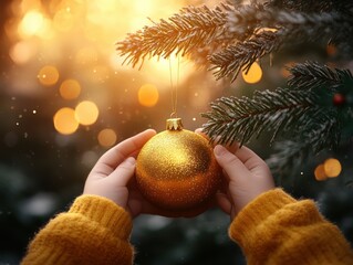 Wall Mural - Hands decorating a Christmas tree with a golden ornament, festive atmosphere.