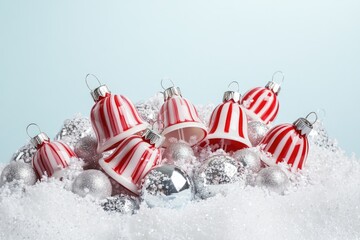 Canvas Print - Red and White Striped Christmas Bells in Snowy Background