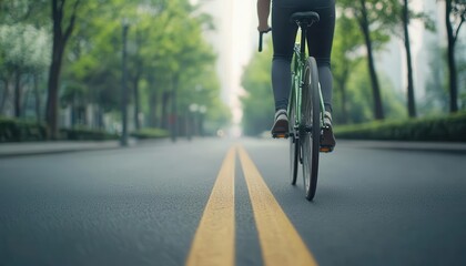 A cyclist rides along a tree-lined road, emphasizing an active, eco-friendly lifestyle.