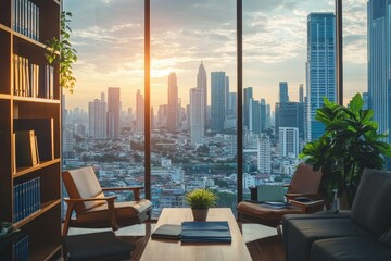 A modern office with a view of a city skyline with large windows and two chairs, a coffee table, and a bookcase.