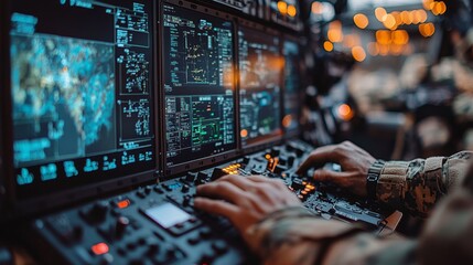 Fototapete - A soldier is focused on operating multiple control panels filled with digital displays and data during a nighttime military operation