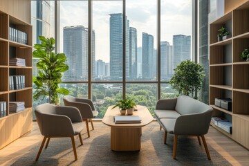 Wall Mural - Modern office lounge with a city view and wooden shelves, a coffee table, a sofa and chairs.