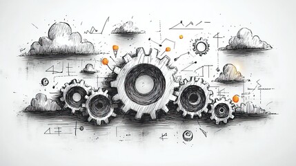 hand drawn doodle of machine with gears representing the function concept in programming ideal for illustrating coding software development and algorithm design.stock image