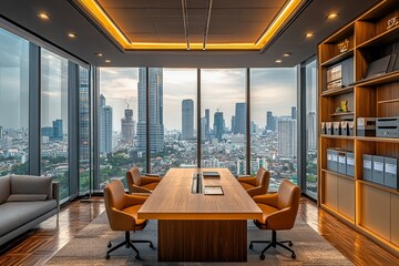 Wall Mural - Modern office with large windows overlooking a city skyline with a large wooden conference table.