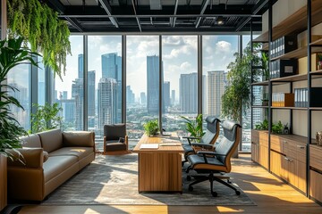 Wall Mural - Modern office with large windows offering a city view. The office is furnished with a leather couch, two black chairs, a wooden desk, and a bookshelf with plants.