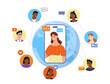 © Rudzhan - People in social network. Woman on smartphone screen near globe. International communication and interaction. Chatting on internet, online dialogue. Flat vector illustration