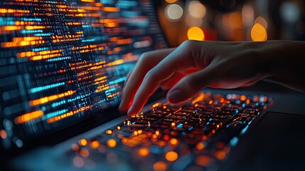 hands typing on laptop with dat streams and code symbolizing dat engineering and processing.illustration