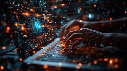 hands typing on laptop with dat streams and code symbolizing dat engineering and processing.stock image