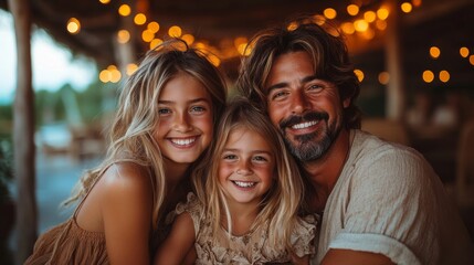 A father poses with his two daughters, all smiling joyfully. The warm glow of fairy lights creates a cozy atmosphere during the golden hour, highlighting their happy expressions.