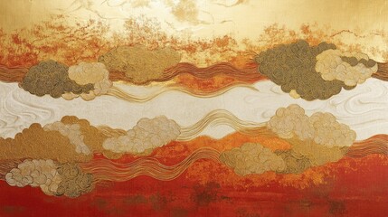 Gold and silver foil, auspicious clouds, wind, Golden desert, Golden River, in the middle is a large golden rectangle, Red background, white, thin gold thread, Zen, freehand, organic