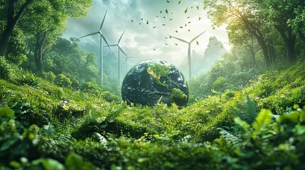 Wall Mural - wind turbines and earth surrounded by greenery symbolizing renewable energy and environmental sustainability.illustration